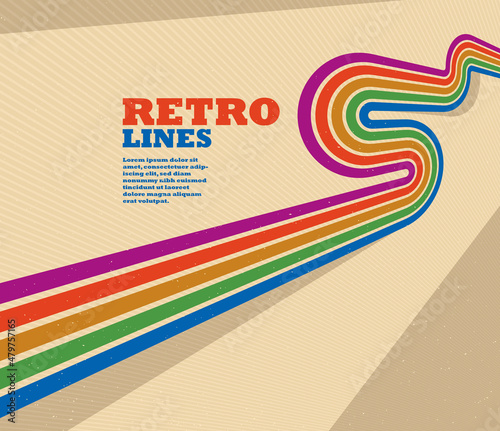 Linear vector abstract background in all colors of rainbow, retro style lines in 3D dimensional perspective, vintage poster art.