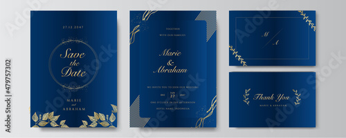 Modern elegant golden blue wedding invitation design template