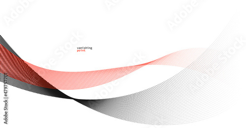 Abstract background vector illustration, red and black dots in motion by curve lines, particles flow wave isolated, monochrome black and white illustration.
