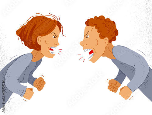 Abusive relations vector concept, man and woman is arguing aggressively with hate, quarrel between husband and wife, conflict scream and shout psychological abuse.