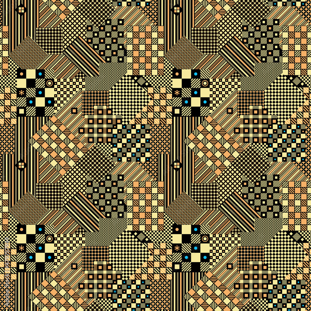 Golden Patchwork seamless pattern, Plaid checkered black, yellow, turquoise background