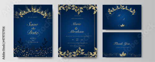 Modern elegant golden blue wedding invitation design template