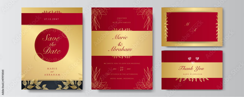 Premium elegant golden red wedding invitation design template