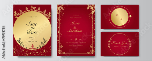 Premium elegant golden red wedding invitation design template