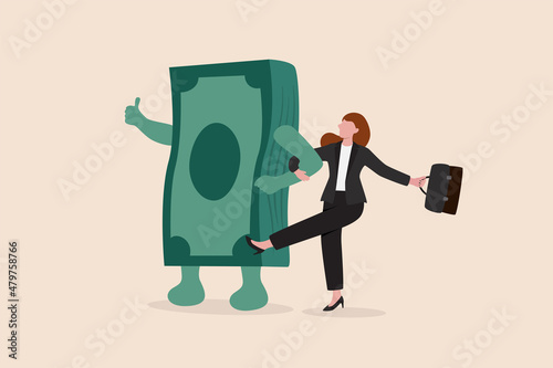 Canvastavla Happy money, rich and achieve financial freedom, success investment, income or salary increase, personal finance concept, success businesswoman walking arm in arm with joyful money banknotes bundle