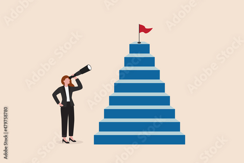 Growth step to success, visionary to see business opportunity or career path, journey to reach goal or achievement concept, smart businesswoman looking through telescope for target on top of stairway.