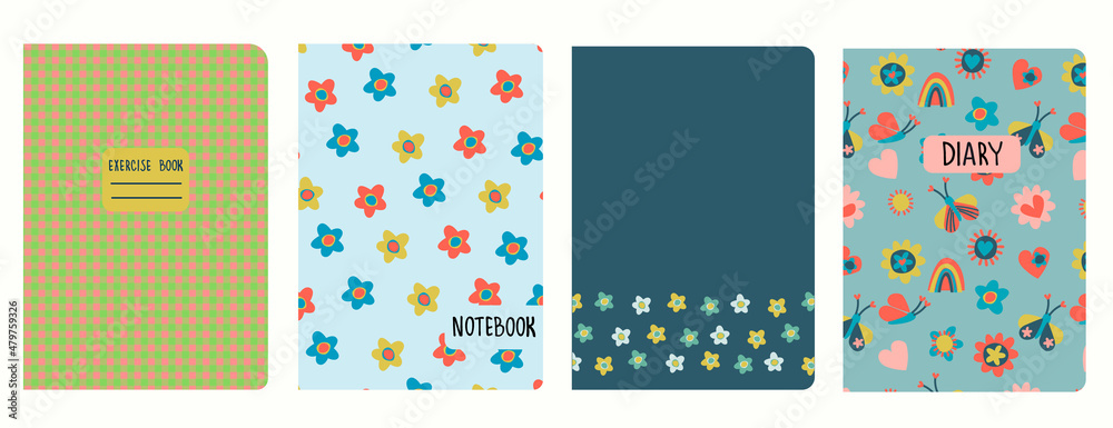 Set of cover page templates based on patterns with hand drawn flowers in Retro 60s, 70s design. Backgrounds for notebooks, notepads, diaries. Headers isolated and replaceable Set of cover page templates based on patterns with hand drawn flowers in Retro 60s, 70s design. Backgrounds for notebooks, notepads, diaries. Headers isolated and replaceable
