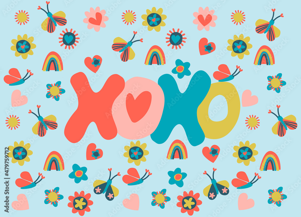 Hand-lettered word Xoxo decorated with butterflies, flowers, rainbows, sun. Retro 60s, 70s design. Vector element for greeting card, social media post. Love, Romance, Valentines Day concept