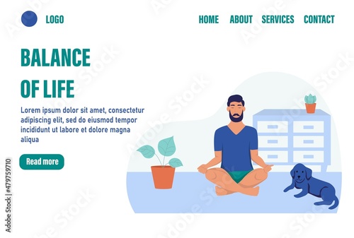 Balance of life landing page vector template. A man meditates at home. Flat vector illustration
