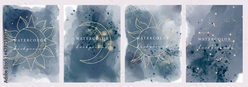 Set of vector watercolour universal backgrounds with glitter and copy space for text. Astrology element, space objects, stars, sun and moon. Vector illustration 