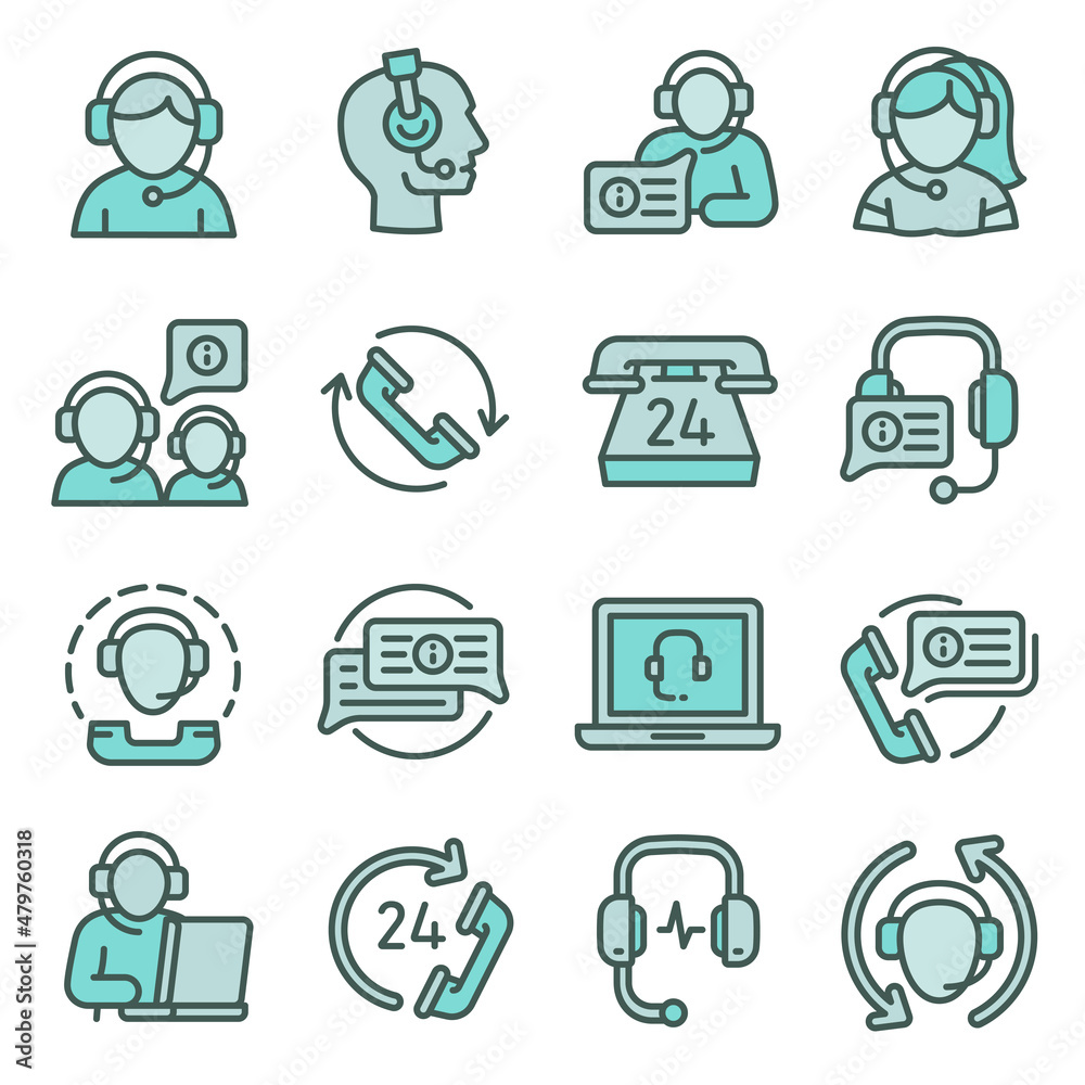 Call center employees icons set outline vector. Contact dispatch. Receptionist headset