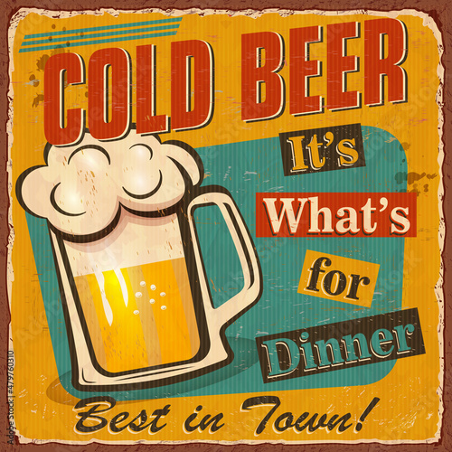 Vintage Cold Beer metal sign.Retro poster 1950s style.