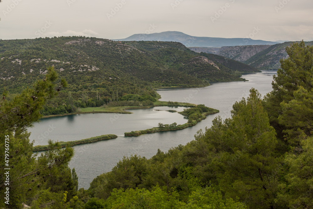 Fototapeta premium Aerial view of Visovacko jezero lake in Krka national park, Croatia