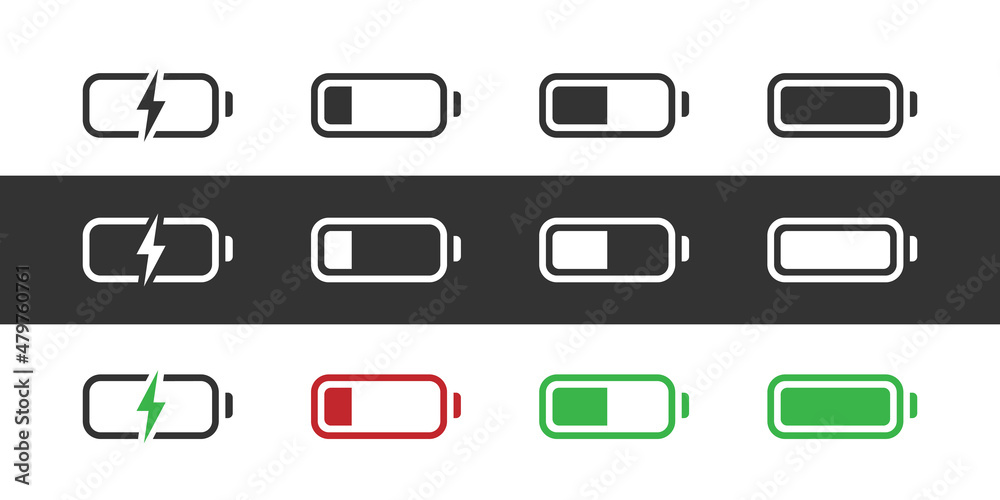 Battery design icons set in white, black and color, transparent, vector