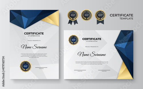 Elegant blue and gold diploma certificate template