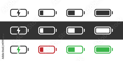 Battery design icons set in white, black and color, transparent, vector