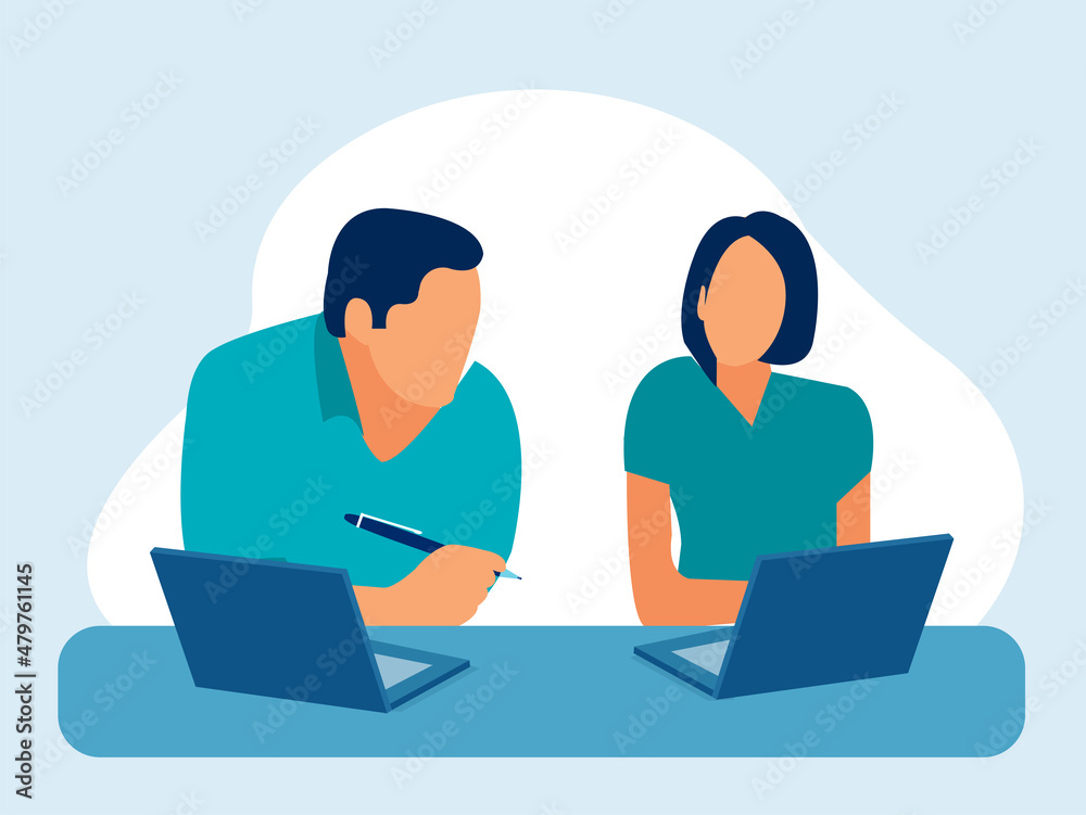 Vector of a young man and woman with laptops sitting at desk having a discussion Vector of a young man and woman with laptops sitting at desk having a discussion