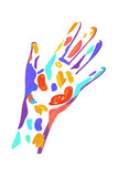 Silhouette of a hand made of multicolored paint stains 