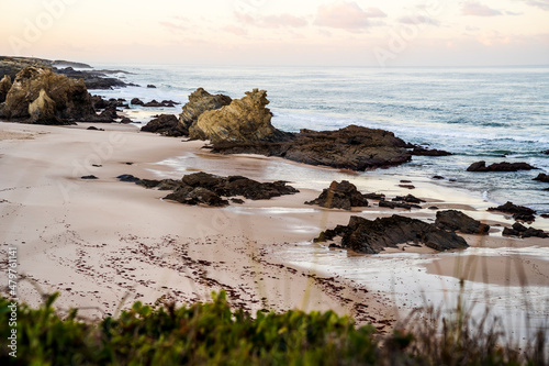 Beautiful landscape and seascape with rock formation in Samoqueira Beach, Alentejo, Portugal