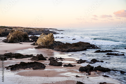 Beautiful landscape and seascape with rock formation in Samoqueira Beach, Alentejo, Portugal