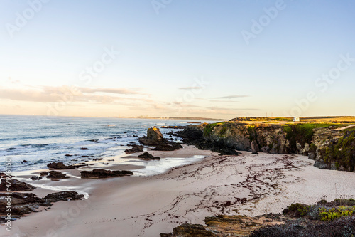 Beautiful landscape and seascape with rock formation in Samoqueira Beach, Alentejo, Portugal