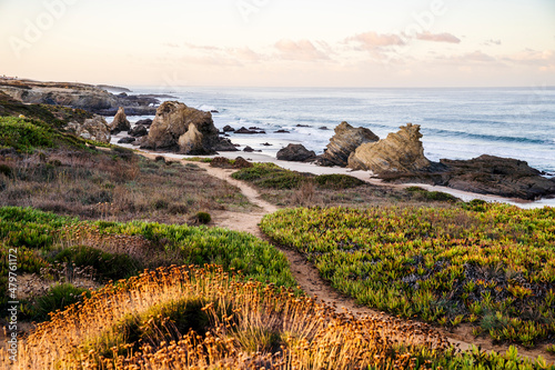 Beautiful landscape and seascape with rock formation in Samoqueira Beach, Alentejo, Portugal