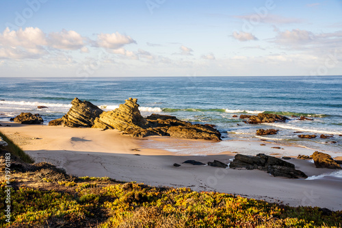 Beautiful landscape and seascape with rock formation in Samoqueira Beach, Alentejo, Portugal