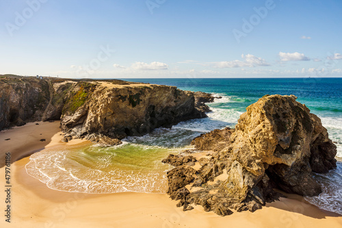 Beautiful landscape and seascape with rock formation in Samoqueira Beach, Sines, Alentejo, Portugal