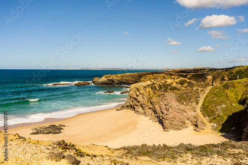Cliffs and sand on Cerca Nova Beach, Alentejo, Portugal