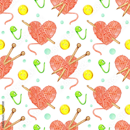 Watercolor illustration pattern of red skein of thread in the shape of a heart and working tools. Logo for knitters. Needlework, creativity, threads, a skein of yarn. Favorite hobby. Isolated on white