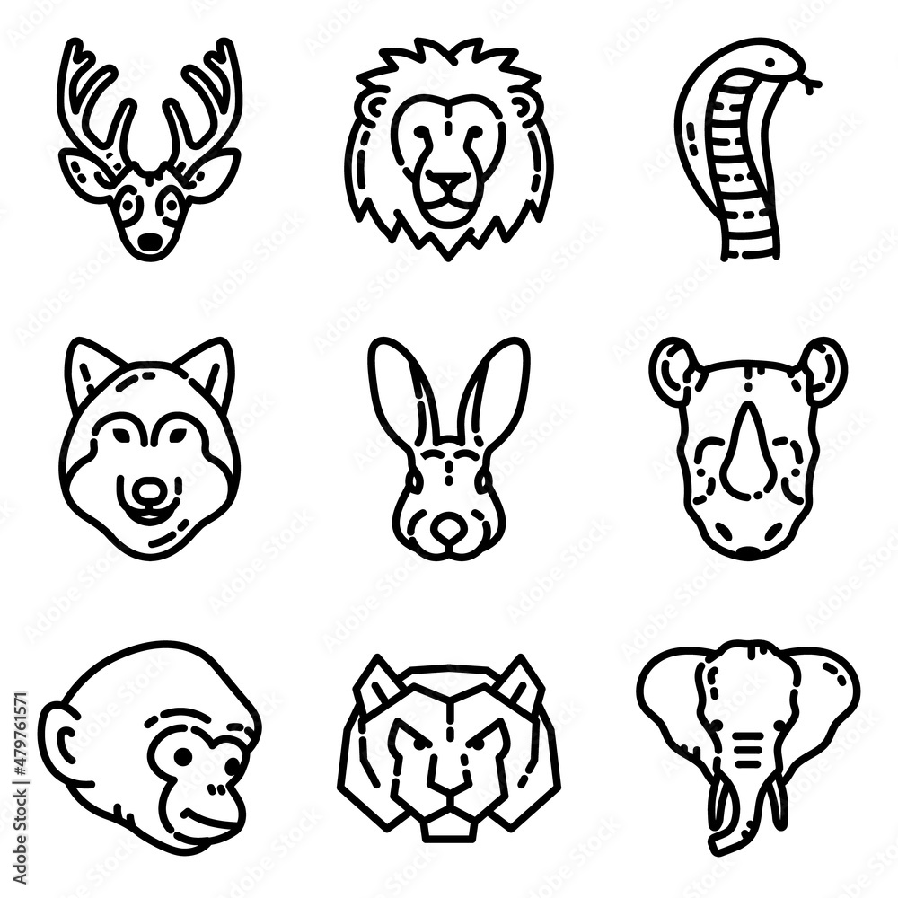 Obraz premium Animals Flat Icon Set Isolated On White Background