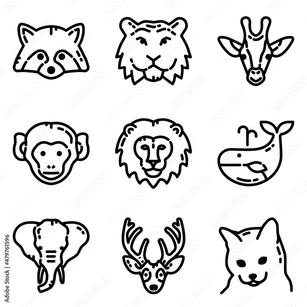 Obraz premium Animals Flat Icon Set Isolated On White Background