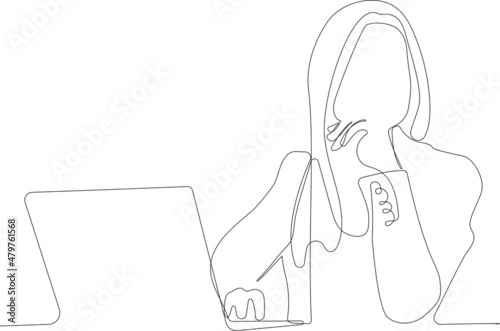 One continuous line is the concept. Continuous line drawing of loan officer negotiating with bank client about credit application business entities parties or young business woman working on laptop