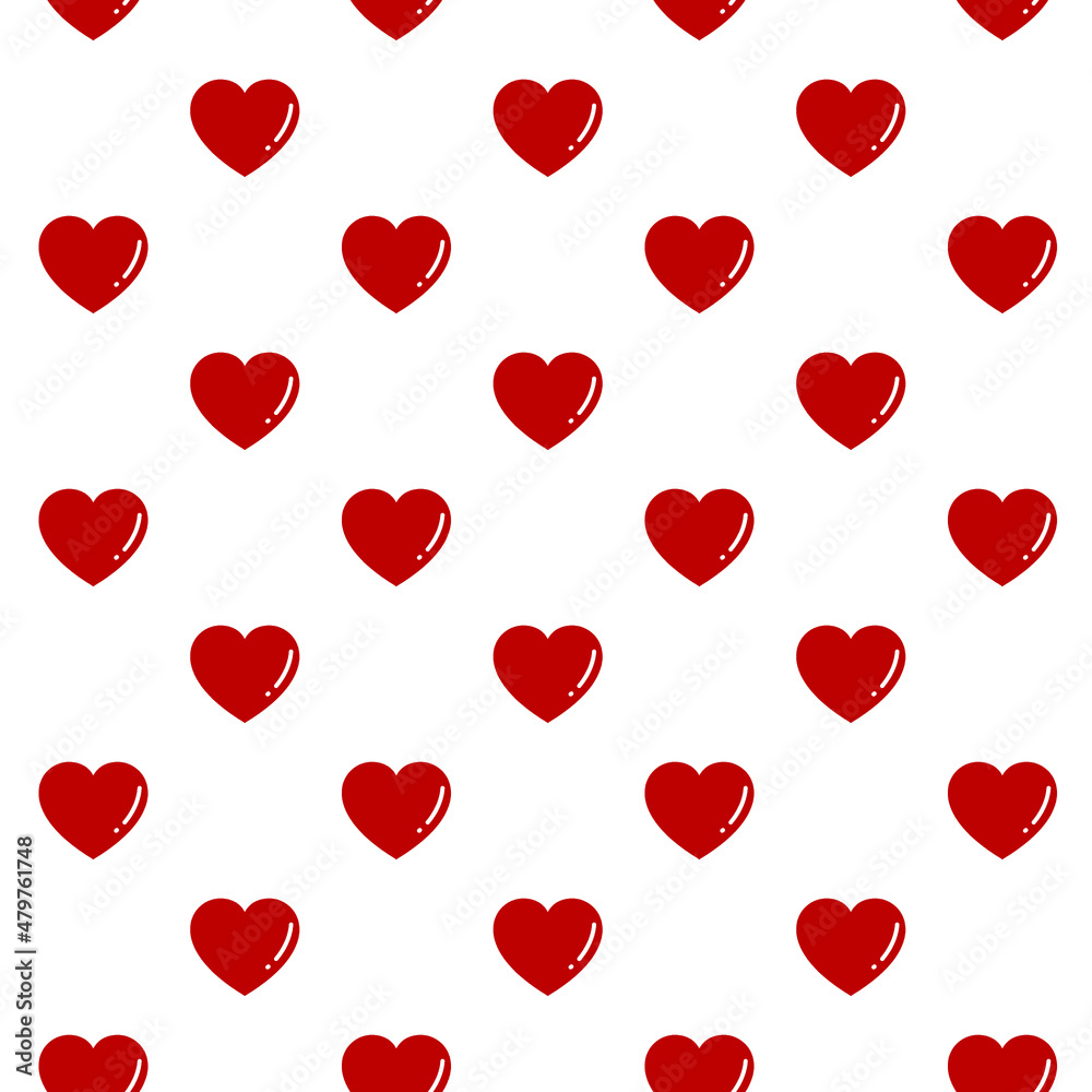 Glossy red heart, seamless pattern. Hand drawn flat cartoon vector illustration isolated on white background.	
