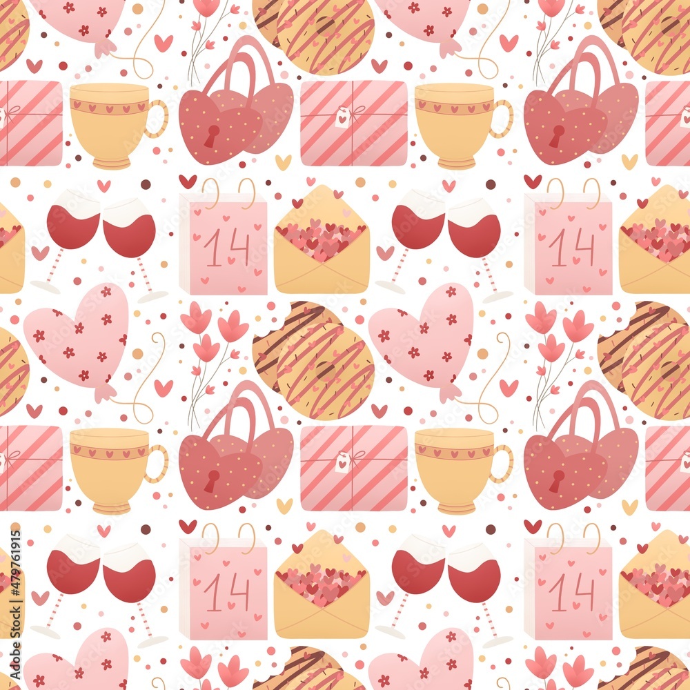 cute valentine's day pattern - glasses, cups and gifts for lovers