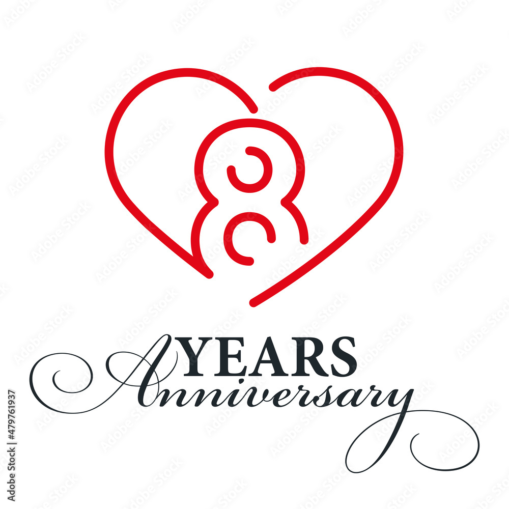 8 years anniversary celebration number eight bounded by a loving heart red modern love line design logo icon white background