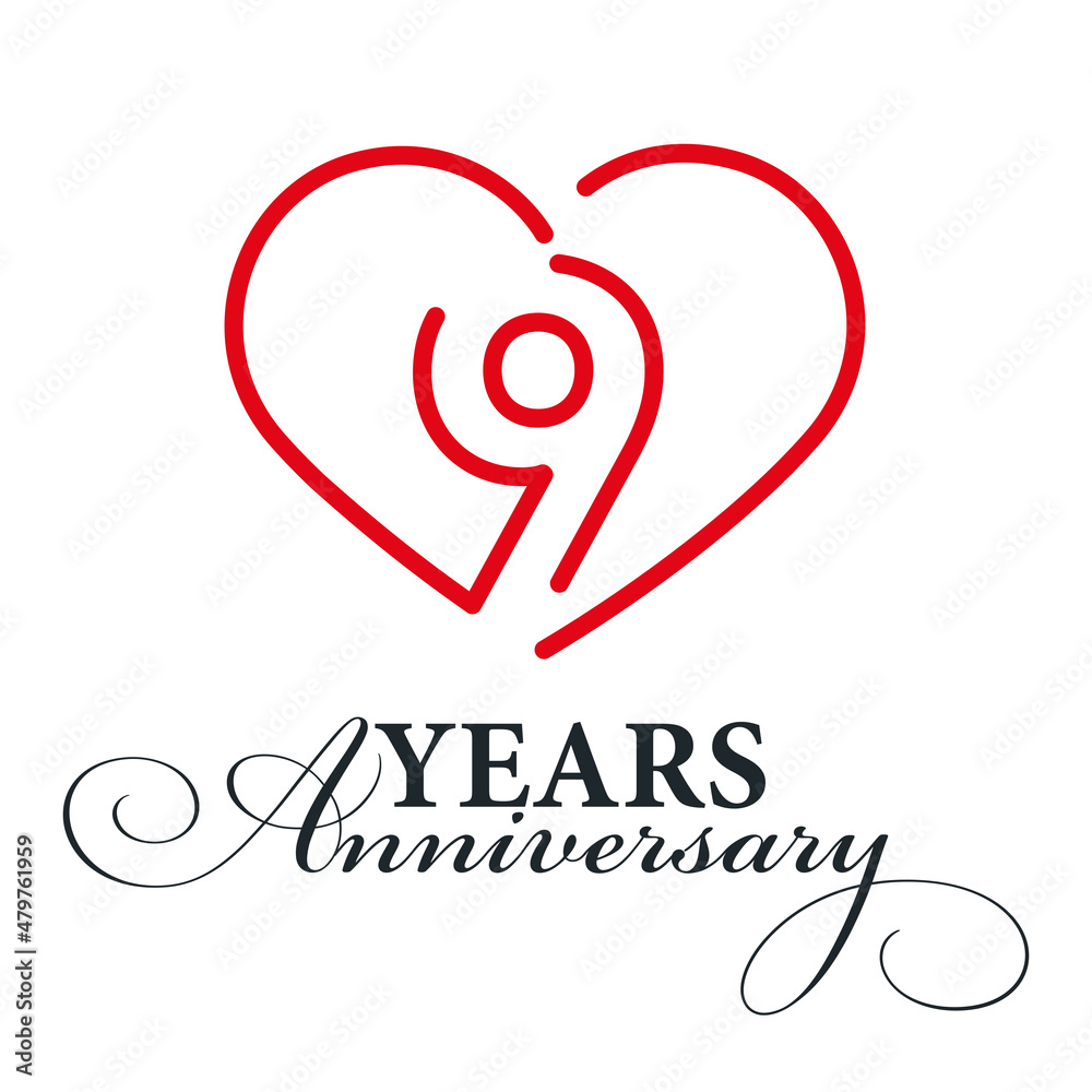 9 years anniversary celebration number nine bounded by a loving heart red modern love line design logo icon white background