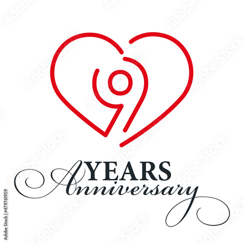 9 years anniversary celebration number nine bounded by a loving heart red modern love line design logo icon white background