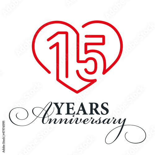 15 years anniversary celebration number fifteen bounded by a loving heart red modern love line design logo icon white background