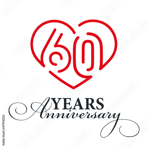 60 years anniversary celebration number sixty bounded by a loving heart red modern love line design logo icon white background
