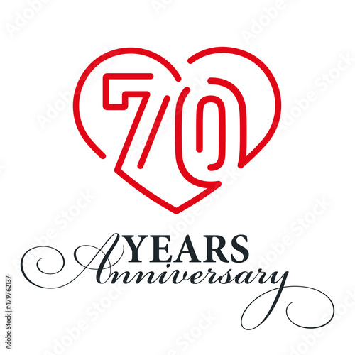 70 years anniversary celebration number seventy bounded by a loving heart red modern love line design logo icon white background