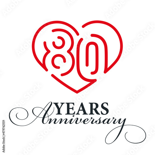 80 years anniversary celebration number eighty bounded by a loving heart red modern love line design logo icon white background
