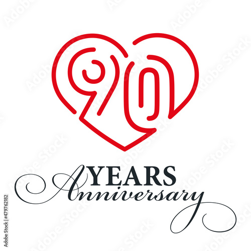90 years anniversary celebration number ninety bounded by a loving heart red modern love line design logo icon white background