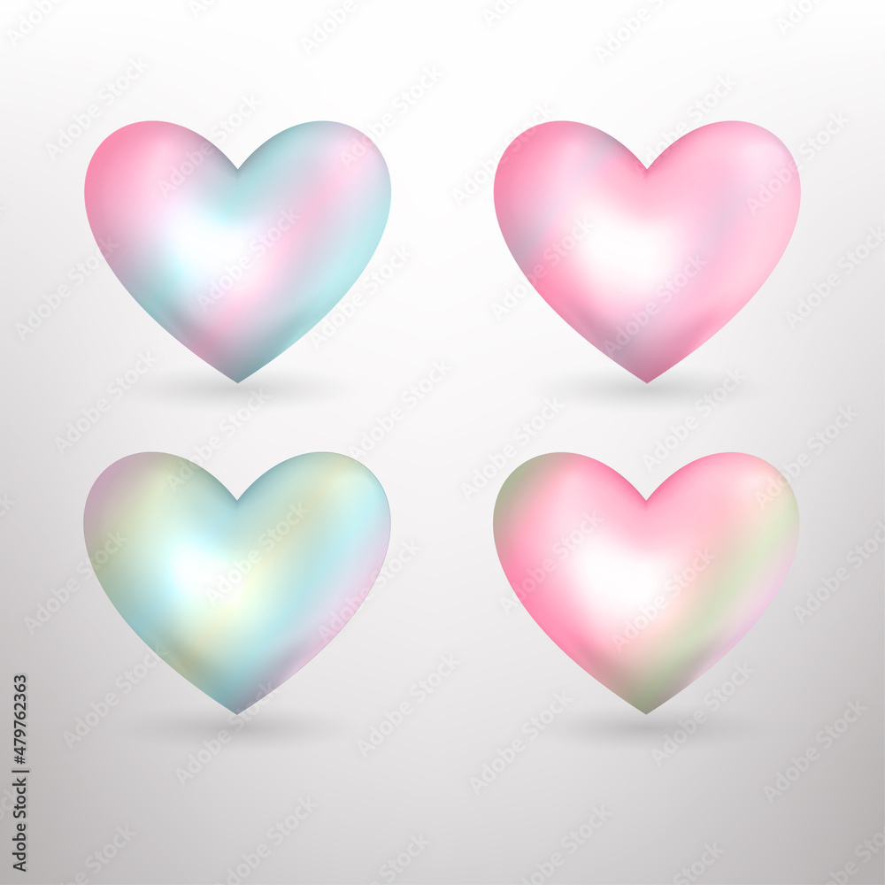 Vector pearl  pastel hearts icons set. Vector 3D illustration.Vector collection of pearl pastel hearts on white background.