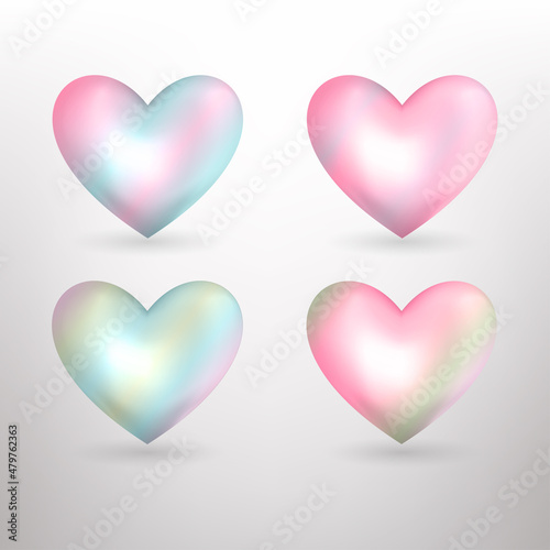 Vector pearl pastel hearts icons set. Vector 3D illustration.Vector collection of pearl pastel hearts on white background.