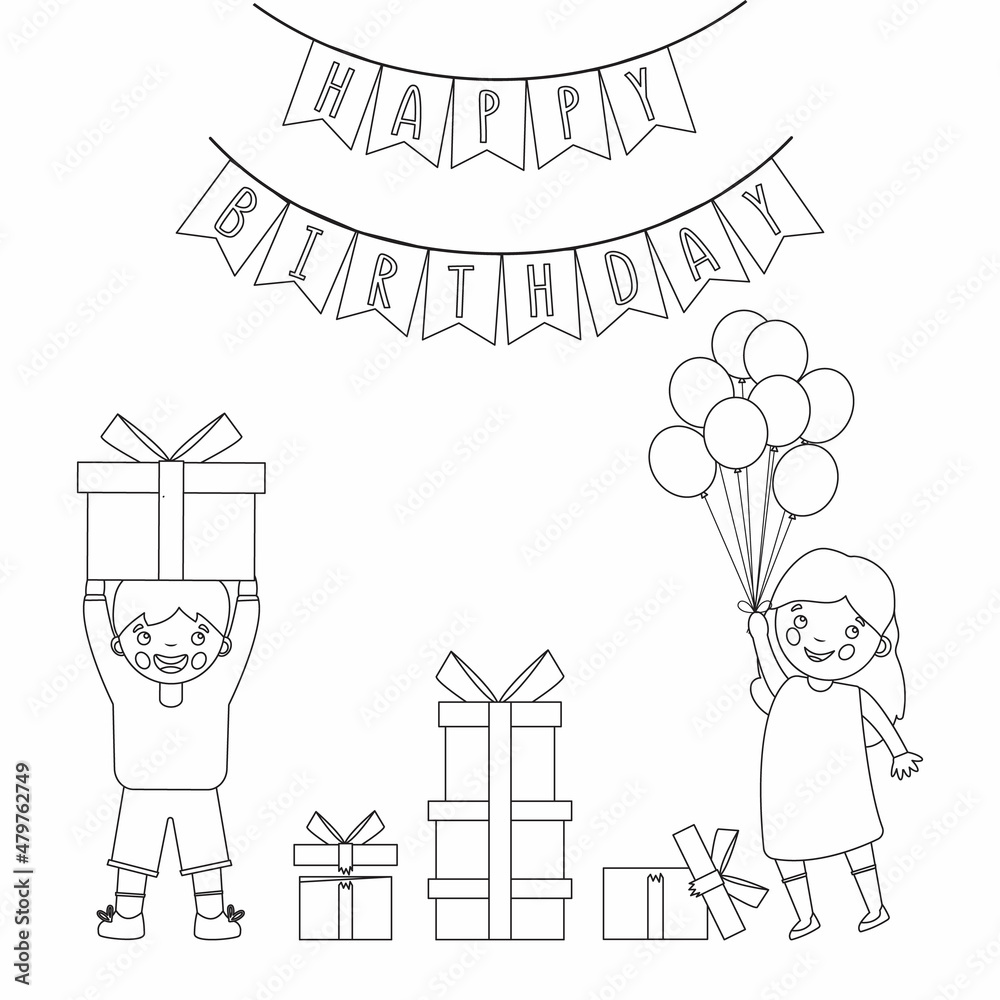 Coloring Page Outline Of children with a gifts at the holiday. Birthday. Coloring book for kids
