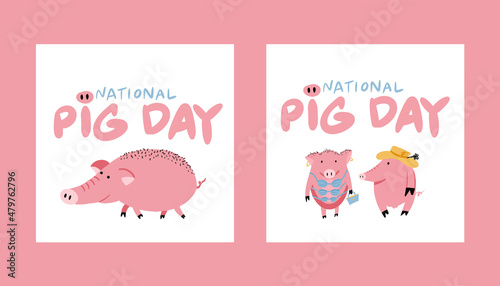 National Pig Day vector card, illustration with cute cartoon style pig faces pattern background.