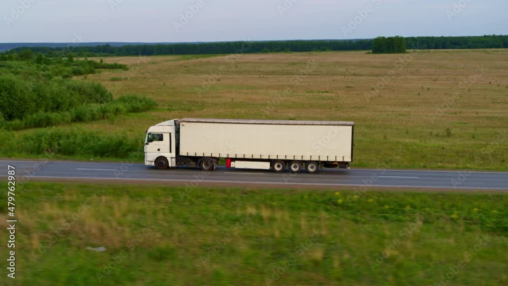Aerial view of a truck on the highway Aerial view of a truck on the highway