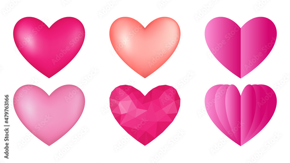 Vector pink hearts icons set. Vector 3D illustration.Vector collection of pink  hearts on white background