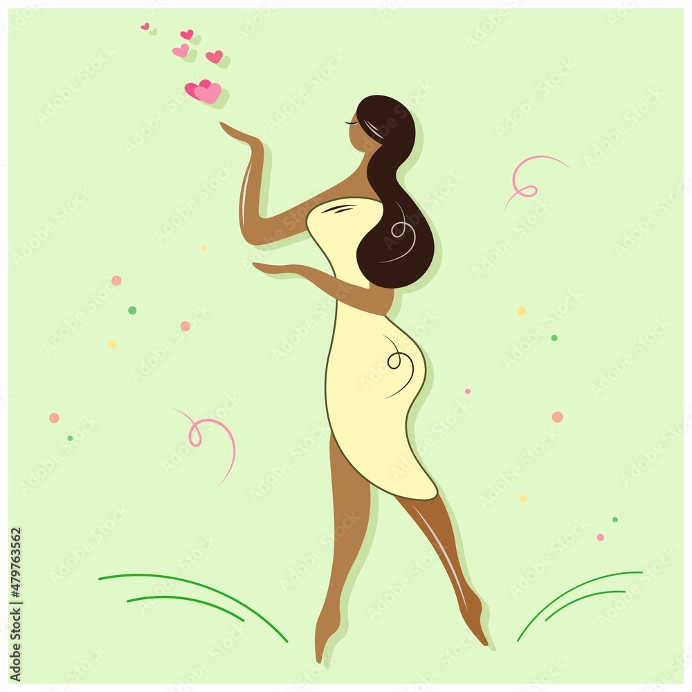 African American graceful woman holding hearts. Silhouette of a cute girl who give love. Isolated vector character on green background. Cute fabulous image for your stylish design.